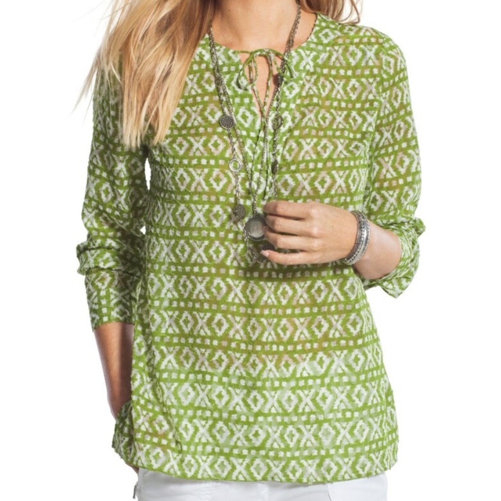 Chicos Medium Graphic Ikat Peasant‎ Top Green Sheer Tie Neck